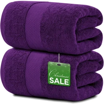 Image of 2 Pack Extra Large Jumbo Bath Sheet 100% Egyptian Cotton Super Soft Luxury Premium Quality Towels 600 GSM Quick Dry Highly Absorbent 100 x 200 cm (Purple)