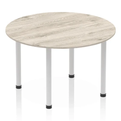 Image of Impulse 1200mm Round Table Grey Oak Top Silver Post Leg