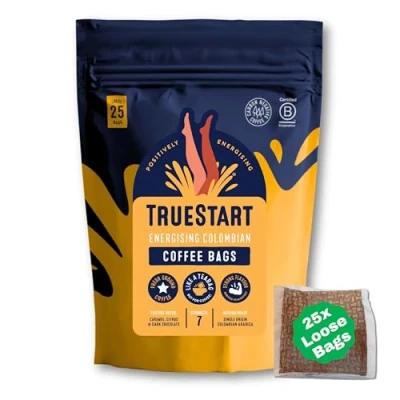 Image of TrueStart Loose 25 Coffee Bags Energising Colombian Arabica, Quick Brew Bag, Biodegradable in Recyclable Pouch, Little for Travel