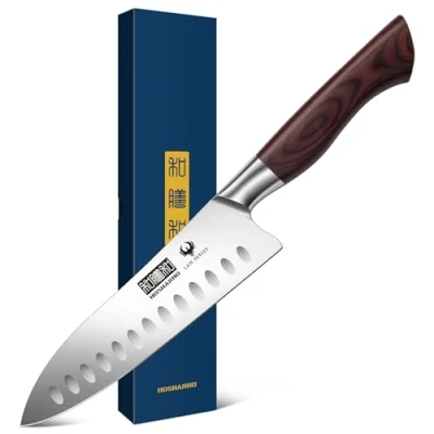 Image of HOSHANHO Santoku Knife 7 Inch, Professional Quality High Carbon Stainless Steel Kitchen Knife, Super Sharp Cooking with Ergonomic Wood Handle