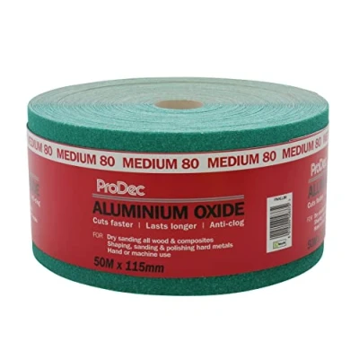 Image of ProDec 50m Roll 80 Grit Medium Grade Green Aluminium Oxide Abrasive Sanding Paper for Wood, Paint, Plaster, Filler, Metal and More, 115mm Wide Sandpaper Compatible with Machine Sanders