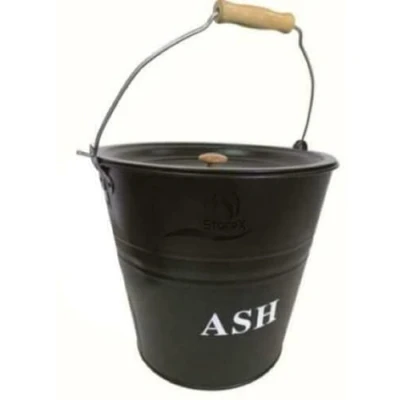 Image of Storex 10 Ltr Metal Ash Bucket with Lid Wooden Handle Tools Fireplace Container Fire Pits Wood Coal Burning Stove Charcoal Bin Box Outdoor Indoor Galvanised Black