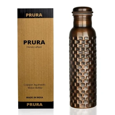 Image of PRURA Copper Water Bottle Diamond Regular Pure Yoga Ayurveda Health Benefits Leak Proof (900ml/30oz, Design 11)