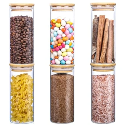 Image of BELLE VOUS 6 Pack of Clear Glass Storage Jars with Bamboo Lids &amp; Labels 450ml/15oz Airtight Kitchen/Pantry Containers Food Canisters for Spice, Coffee, Tea, Sugar, Cereal, Candy and More