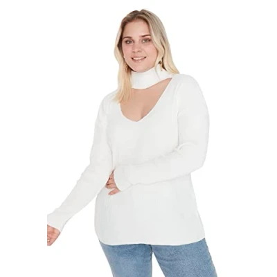 Image of Trendyol Women Plus Size Regular Double Breasted Crew Neck Knitwear Jumper Ecru