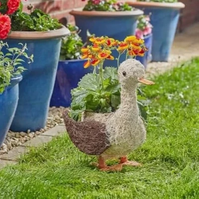 Image of Garden Mile® Animal Themed Flower Planters Novelty Rattan Straw Plant Pots Shelley Sheep and Scottie Dog Decor with a Purpose Lawn Patio (1, Duck)