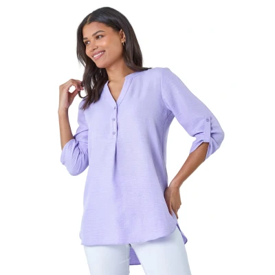 Image of Roman Longline Button Tunic Top for Women UK Ladies Spring Everyday Summer Holiday Notch Neckline Comfy 3/4 Sleeve Soft Pleat Detail Shirt Office Business Blouses Lilac Size 10