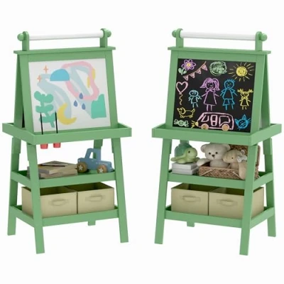 Image of AIYAPLAY Art Easel for Kids with Paper Roll, 3 in 1 Double Sided Magnetic Whiteboard and Chalkboard Storage Baskets, Children 6 Years Green