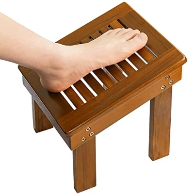 Image of Utoplike Teak Wood Shower Foot Stool for Shaving Legs, Sturdy Rest Shaving, Wooden Step Bathroom