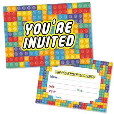 Image of (Pack of 40) Building Blocks Childrens Birthday Party Invitations Double Sided (NO ENVELOPES)