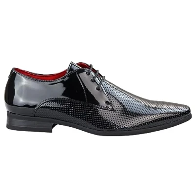 Image of Mens Shoes Smart Formal Perforated Pointed Laced Black Red White Patent Leather PU Shiny 7 UK