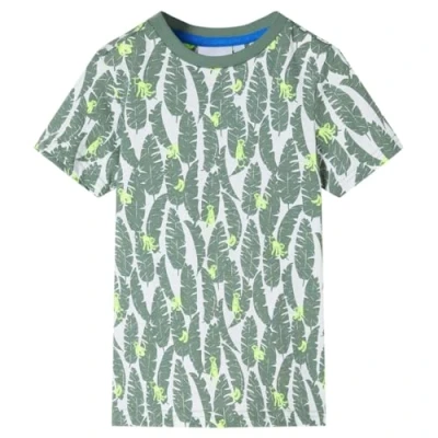 Image of vidaXL Children&#039;s Round Neck T Shirt Short Sleeves, Cotton Material Leaves and Monkey Print Size 128 (Suitable for 7 8 Years) Green
