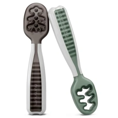 Image of NumNum Baby Spoons Set, Pre Spoon GOOtensils for Kids Aged 6+ Months First Stage, Led Weaning (BLW) Teething Self Feeding, Silicone Toddler Food Utensils 2 Spoons, Gray/Green