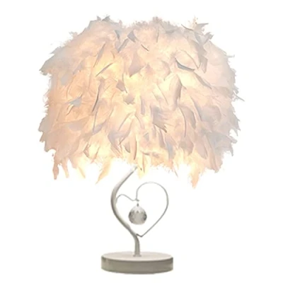 Image of Feather Table Lamp Heart Shape Lampshade Bedside Light Desk with Feathers Crystal European Style Decoration for Living Room Bedroom Reading Room, L