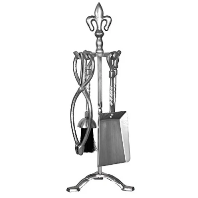 Image of Home Discount Fire Vida 5 Piece Fleur De Lys Companion Set, Pewter Fireside Fireplace