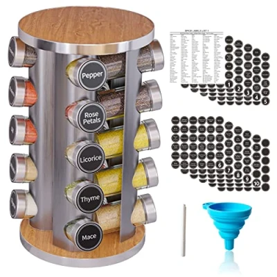 Image of Revolving Spice Rack Set with 20 Jars, Kitchen Tower Organizer for Countertop or Cabinet Carousel Storage Includes 386 Labels Desktop Rotating Seasoning