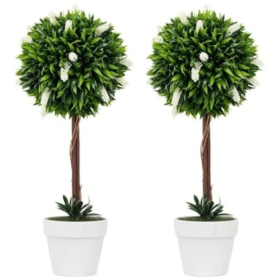 Image of HOMCOM Set of 2 Decorative Artificial Plants Ball Trees with Lavender Flowers in Pot Fake for Home Indoor Outdoor Decor, 60cm, White