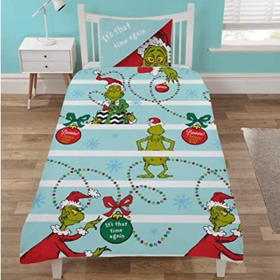 Image of Coco Moon The Grinch Reversible Single or Double Bed Size Duvet Cover and Pillow Set for Kids Ideal Prime Gift (Single, White &amp; Blue)