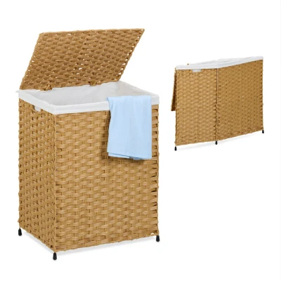 Image of Relaxdays Laundry Basket with Lid, Rattan Effect, 90L Sack, HWD: 60 x 46 34 cm, Woven Washing Storage Bin, Brown/Beige