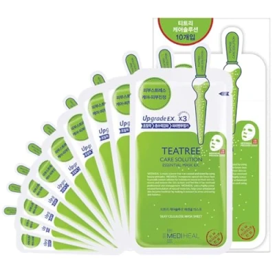 Image of MEDIHEAL Teatree Care Solution Essential Mask, Pack of 10 Cotton Facial Sheet Mask with Tea Tree Oil and Cica Extracts, Moisturizing Masks Soothing Sensitive Skin Sebum Control
