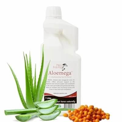 Image of PRO EQUINE ALOEMEGA 1 LITRE Horse feed supplement for immune support and skin coat condition. Aloe Vera Sea Buckthorn superfood wellbeing your horse.