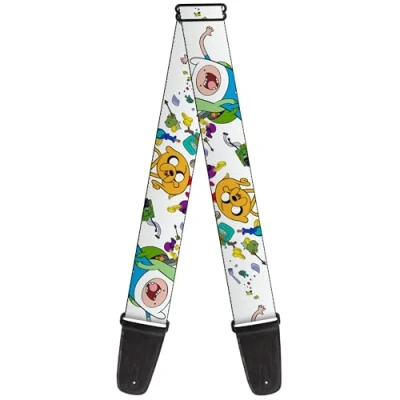 Image of Buckle Down Cartoon Network Guitar Strap, Adventure Time Jake and Finn Open Pack Pose White, 2 Inches Wide, 2&quot; Wide 29 54&quot; Length