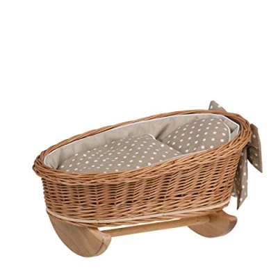 Image of e wicker24 Natural Wicker Dolls Cot Vintage Cradle Doll Bed Handmade for Baby Crib Retro Style Beige Bedding Wooden rocking bassinet toy