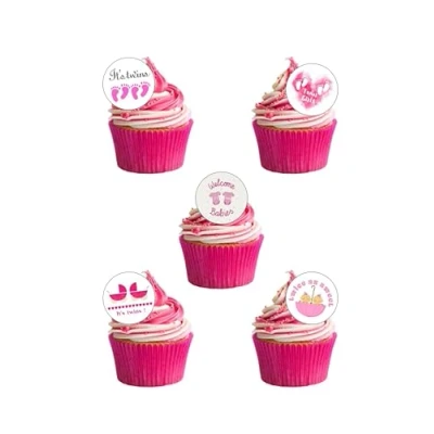 Image of 24 Pre Cut IT&#039;S TWIN GIRLS BABY SHOWER Themed Edible Wafer Paper Cake Toppers Decorations