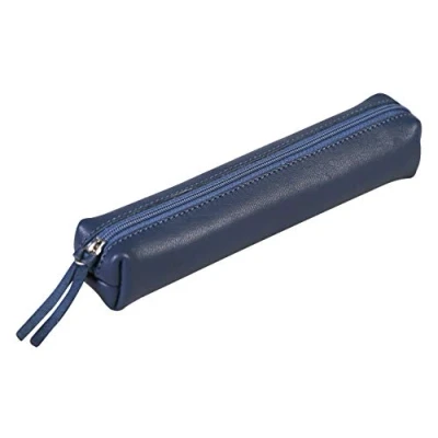 Image of Clairefontaine Ref 410153C Coloured Leather Slim Pencil Case 19.5 x 2.5 4cm, Made From Genuine Lambskin Leather, Metal Zip With Puller Dark Blue