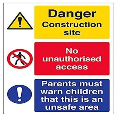 Image of V Safety 6C020BC R Multi Hazard Site Must Warn Children Warning Sign Portrait 300mm x 400mm 1mm Rigid Plastic, Black/Blue/Red/Yellow