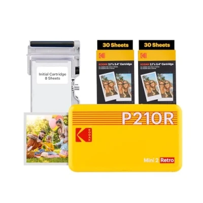Image of KODAK Mini 2 Retro Christmas Gifts 4PASS Portable Photo Printer (2.1x3.4 inches) Initial 8 Sheets + 60 Pack Bundle, Yellow