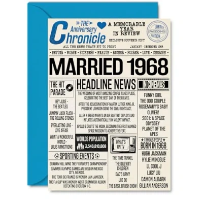 Image of 56th Anniversary Cards for Men Women Married 1968 Newspaper Happy 56 Wedding Card Husband Wife Dad Mum Aunt Uncle Vintage Retro 1968, A5 Greeting