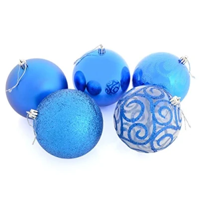 Image of Mr Crimbo Set Of 5 Large Round Christmas Tree Baubles Shiny Mirrored Matt Glittery Swirled Patterns, Blue 10cm