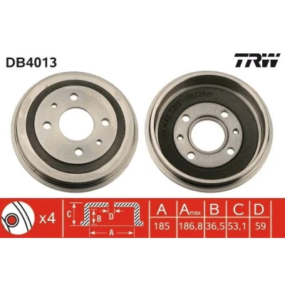 Image of 7777842, 94379680 Brake Drum TRW DB4013 205,5mm FIAT: Panda I Hatchback, Cinquecento, 500 Saloon, SEAT: Terra Van