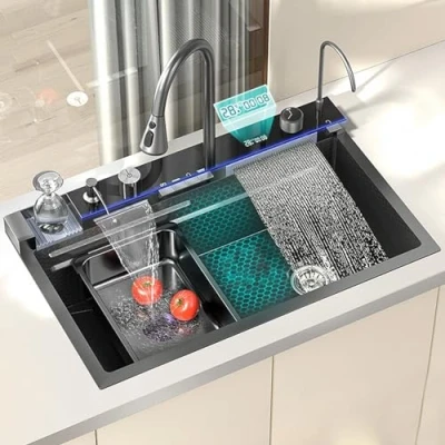 Image of Black Nano Kitchen Sink 304 Stainless Steel Waterfall Single Bowl Workstation with Multifunctional Digital Display Fly Rain Pull Out Faucet (Black, 68x45x22CM)