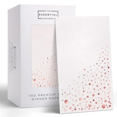 Image of Stylish 7.5 x 4.25 Inch Rose Gold Dinner Napkins, 100 Pack of White and Napkins Add Sparkle to Your Event with Party Disposable 3 Ply Wedding for Reception