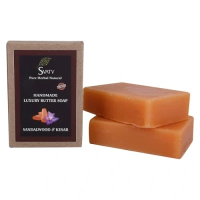 Image of SVATV Soap Sandalwood &amp; Kesar Best Exfoliating Bar, Traditional Ayurvedic Herbal For All Skin Type 125 Grams x 2 Bars