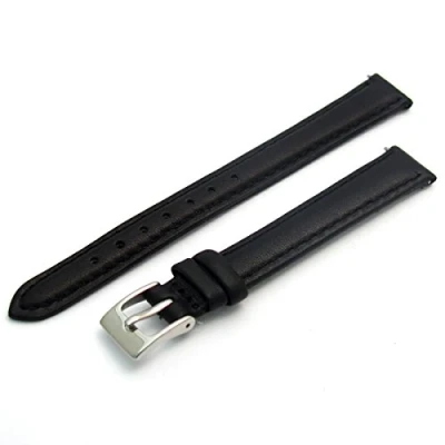 Image of Ladies Soft Genuine Leather watch Strap Band 14mm, Black, Chrome (Silver Colour) buckle