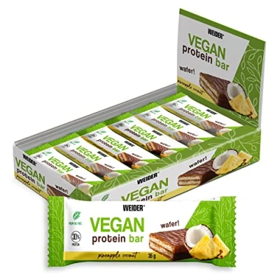 Image of Weider Vegan Protein Bar (12x35g) Pineapple Coconut Flavour. 100% Wafer with 30% Pea and Rice Proteins, Crispy Coated Dark Chocolate. Palm oil free