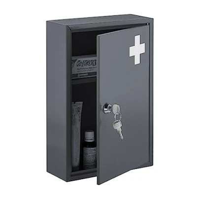 Image of Relaxdays Medicine Cabinet, Lockable, 2 Compartments, HxWxD 32 x 21.5 9.5 cm, Wall Mount, First Aid, Metal, Grey/White, Iron