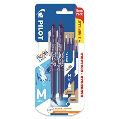 Image of Pilot Frixion Clicker Retractable Erasable Gel Ink Pens Blue Medium 0.7mm Nib Blister Pack of 2 + 6 Bonus Refills