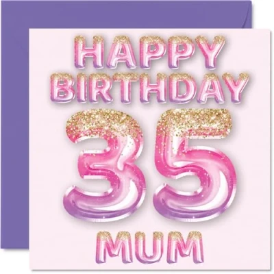 Image of 35th Birthday Card for Mum Pink &amp; Purple Glitter Balloons Happy Cards 35 Year Old Mother from Son Daughter, 145mm x Bday Greeting Gift