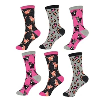 Image of Thingimijigs Ladies Animal Pet Patterned Cotton Rich Ankle Socks 6 Pairs Cat