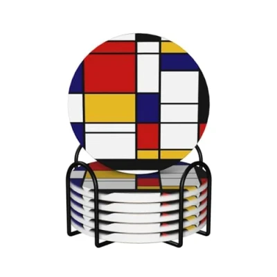 Image of Coasters,Ceramics Coasters with Holder Stand Drink Coasters,Mugs Pad Cups Mat Set of 6,Artistic Mondrian Style Color Composition Red