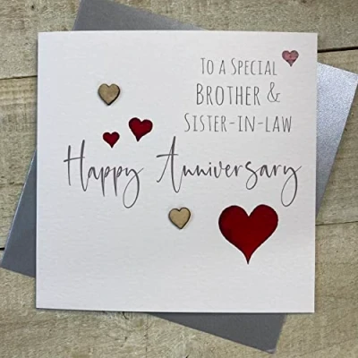 Image of WHITE COTTON CARDS BROTHER &amp; SISTER IN LAW, WEDDING ANNIVERSARY HEARTS CARD, HANDFINISHED (S108 BS)