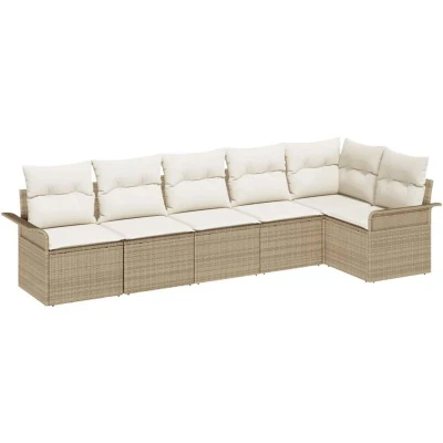 Image of vidaXL 6 Piece Garden Sofa Set with Cushions in Beige Poly Rattan
