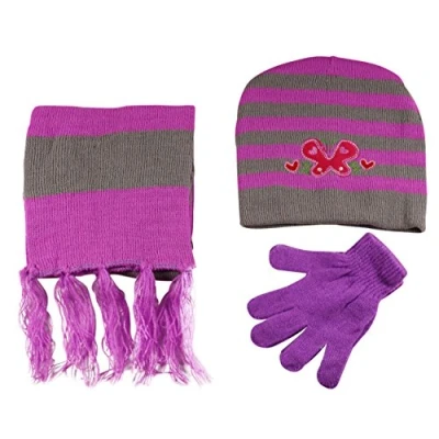 Image of Girls Hat Scarf and Gloves 3 Piece Set Knit Stripe Butterfly Children Winter in Purple &amp; Grey