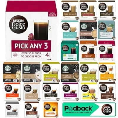 Image of Nescafe Dolce Gusto Coffee, Tea, Chocolate Pods. Pick Any 3 Packs from 40+ Blends Inc: Decaf, Caramel, Cappuccino, Latte, Mocha, Espresso, Skinny, Nesquik, Cafe Au Lait, Vanilla and More