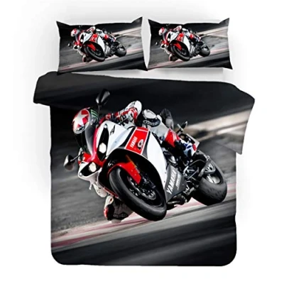 Image of 3D Racing Motorcycle Motocross Duvet Cover Dirt Bike Extreme Sports Driver Bedding Set, 2/3pc Microfiber Men Teens Boys Kids Children Quilt Comforter (Black, Double 200 x cm)