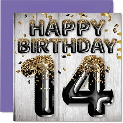 Image of 14th Birthday Card for Boys Black &amp; Gold Glitter Balloons Happy Cards 14 Year Old Boy Son Brother Grandson Cousin, 145mm x Fourteen Fourteenth Greeting Gift